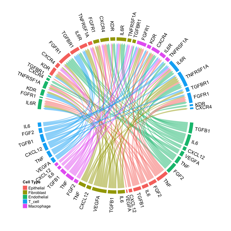 Example circos plot showing ligand-receptor interactions.