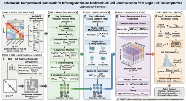 **Figure 2: Computational Algorithm.** Schematic illustration of the mathematical framework for computing metabolite production, sensing, and communication scores.