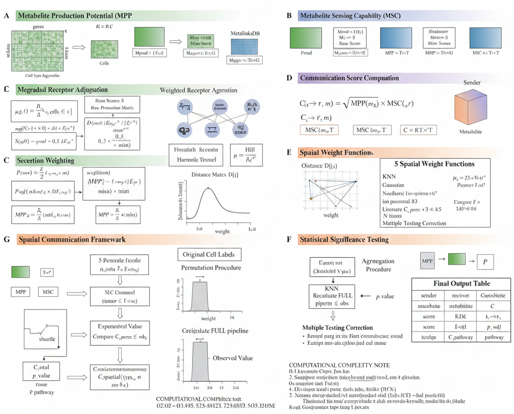 **Figure 2: Spatial Communication Algorithm.** Mathematical framework showing how spatial distances are incorporated into metabolite production, sensing, and communication score calculations.
