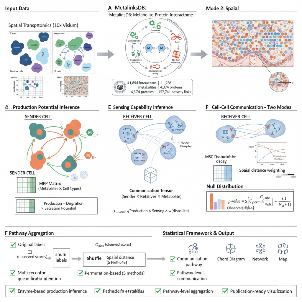**Figure 1: Spatial scMetaLink Workflow.** Overview of the spatial transcriptomics analysis pipeline, from data input through spatially-weighted communication inference to visualization.