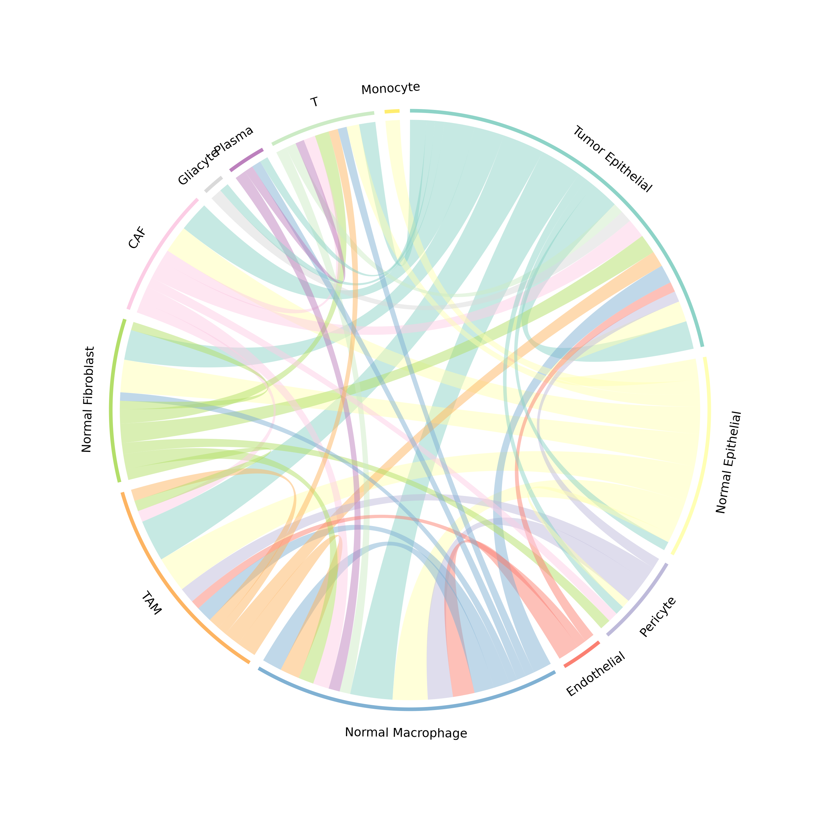 **Figure 3: Communication Chord Diagram.** Ribbons connect sender to receiver cell types. Ribbon width is proportional to communication strength, and colors represent the sender cell type.